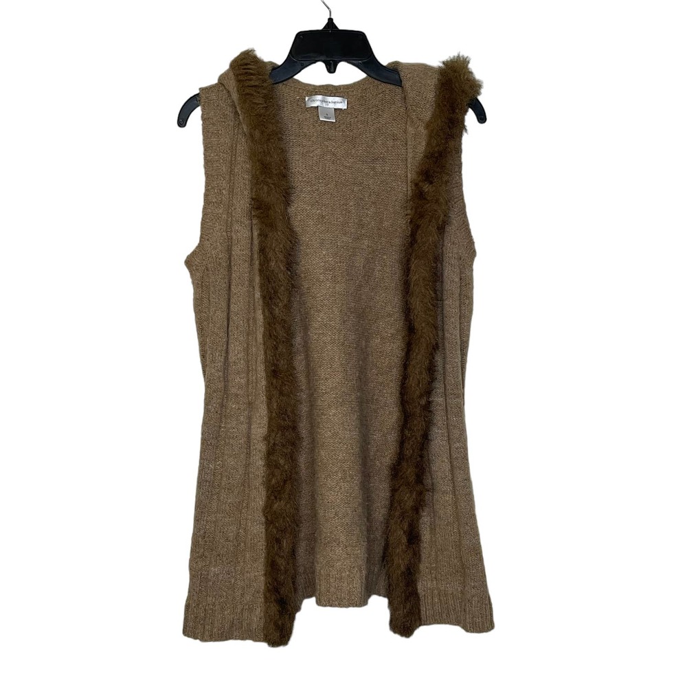 Christopher & Banks Open Hooded Brown Vest Fux Fur Trim Wool Blend Women Small